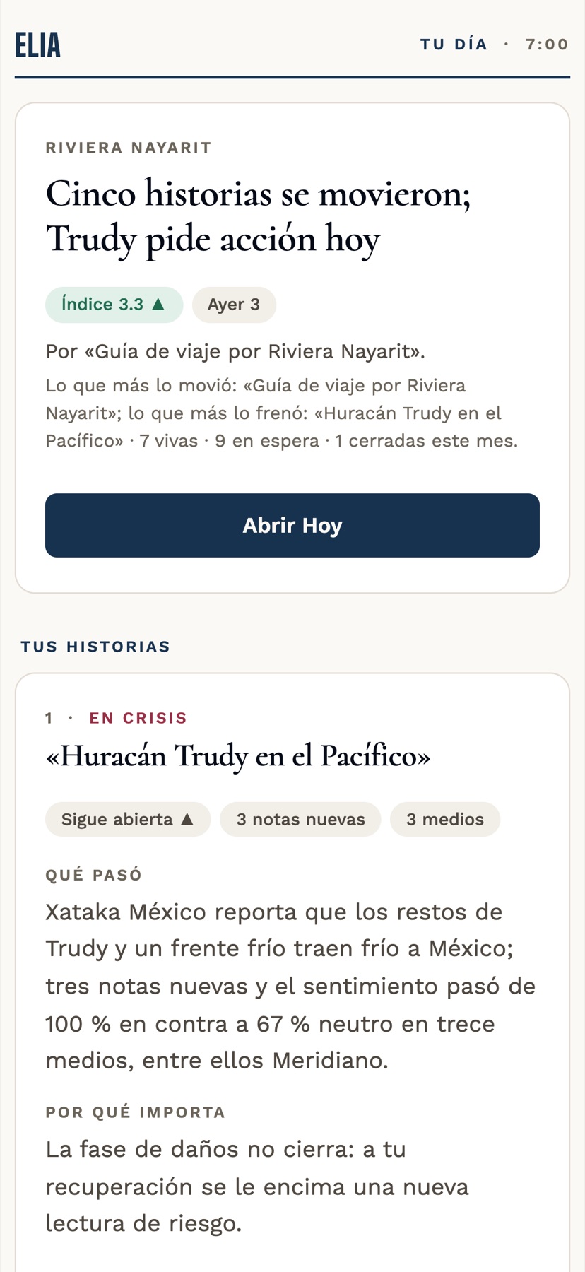 El brief de Riviera Nayarit del 20 de octubre en el teléfono: «Cinco historias se movieron; Trudy pide acción hoy», con el Índice y la jugada del día.